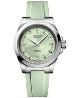 Longines Women's Swiss Automatic Conquest Mint Green Rubber Strap Watch 34mm