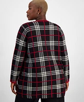 Kasper Plus Open-Front Plaid Long-Sleeve Cardigan