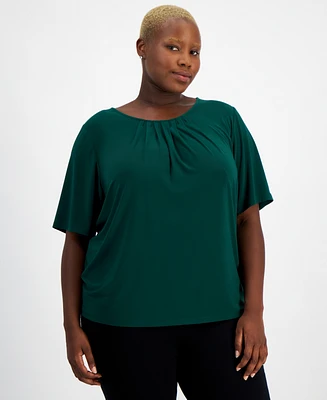 Kasper Plus Size Pleated-Scoop-Neck Short-Sleeve Blouse