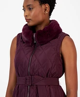 Anne Klein Women's Faux-Fur-Collar Quilted Vest