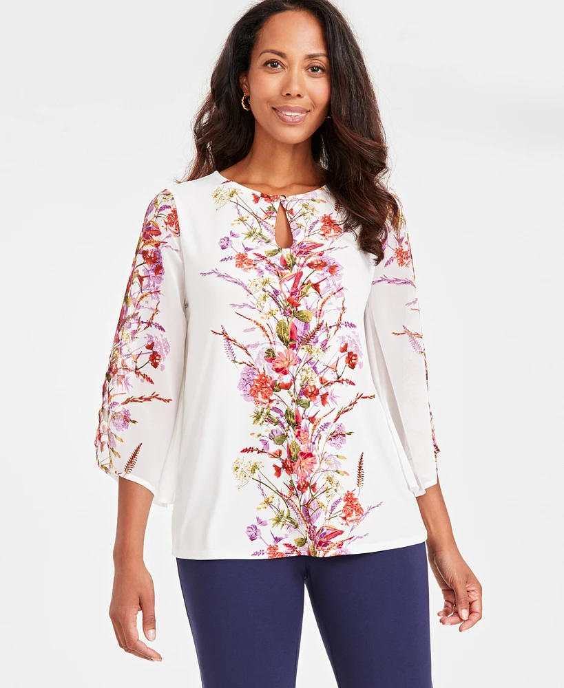 Jm Collection Petite Keyhole-Neck Placement-Print Top, Created for Macy's