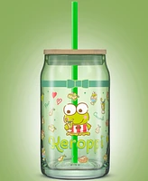 JoyJolt Hello Kitty and Friends Favorite Flavor Keroppi Can Shaped Glass Tumbler with Wood Lid and Straw