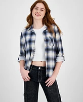 Just Polly Juniors' Cozy Plaid Collared Knit Shirt