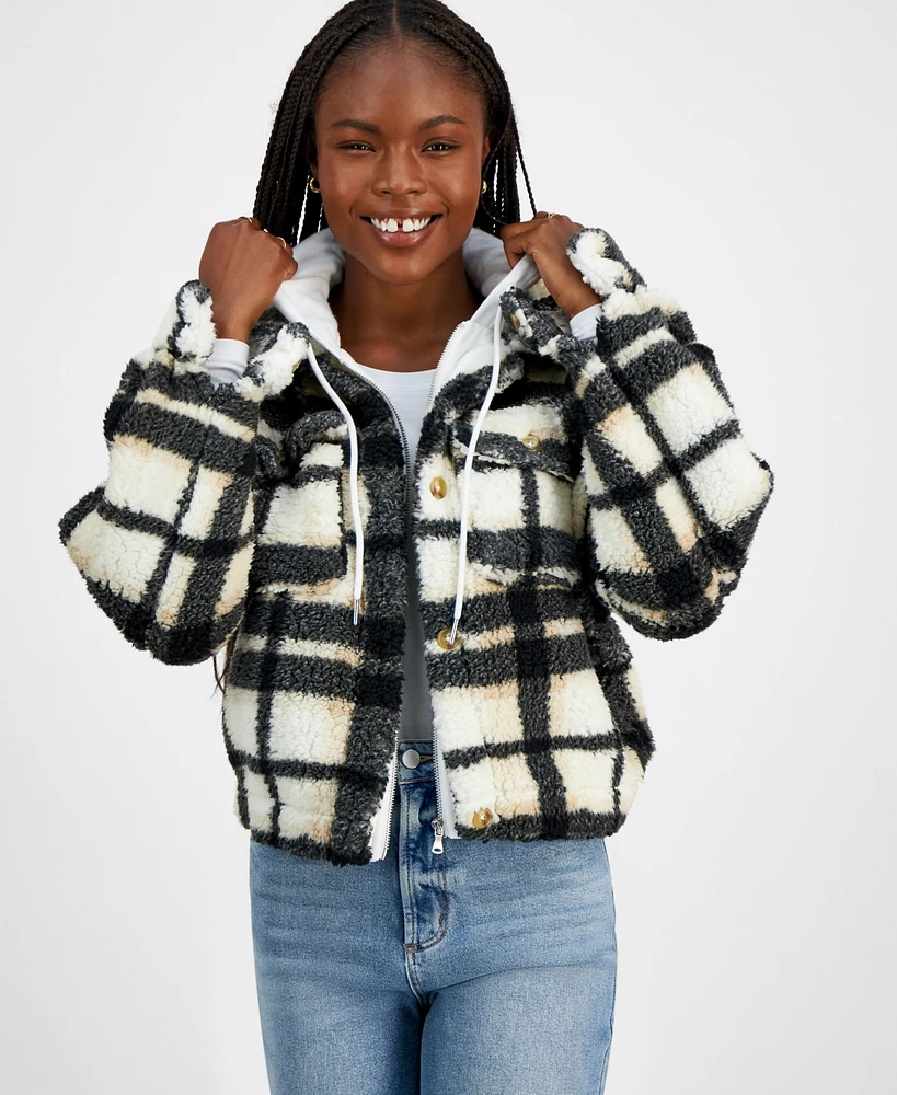 Madden Girl Juniors' Plaid Sherpa Hoodie Jacket