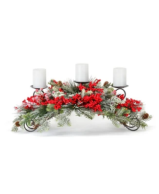 Slickblue Frosted Pine And Mixed Berry Centerpiece Candle Holder 31"l