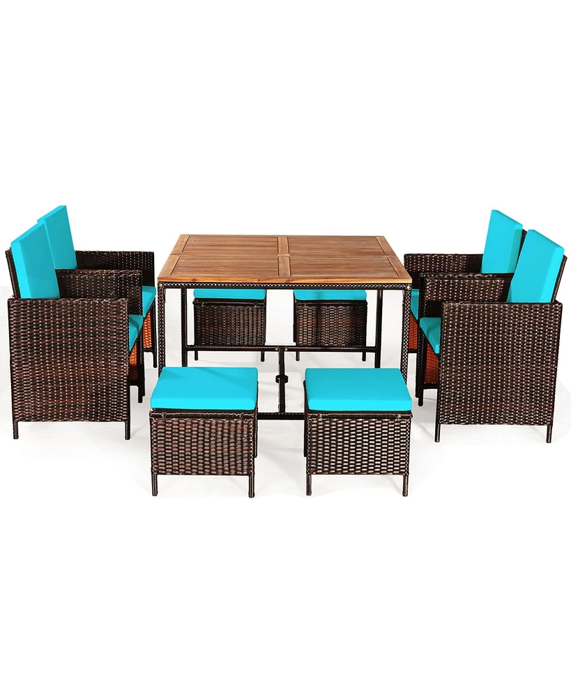 Gymax 9PCS Rattan Wicker Patio Dining Set Outdoor Furniture Set w/ Turquoise Cushion