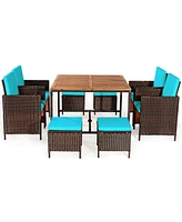 Gymax 9PCS Rattan Wicker Patio Dining Set Outdoor Furniture Set w/ Turquoise Cushion