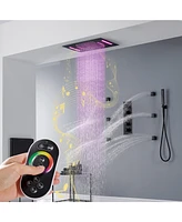 Mondawe 64 Colors Led Light and Music 3 Functions 4 Sprays Flush Ceiling Mounted Thermostatic Shower System with 6 Body Jets and Rough-in Valve in Mat