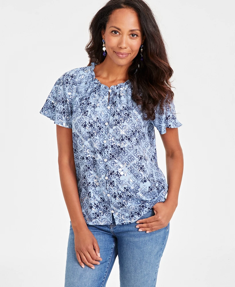 Style & Co Women's Printed Flutter-Sleeve Top, Created for Macy's
