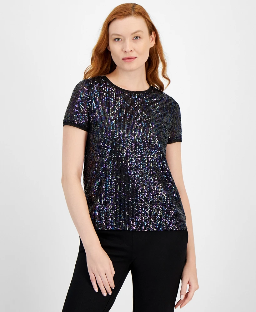 Anne Klein Petite Iridescent Sequined Short-Sleeve Top