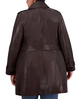 Tahari Womens Plus Size Natalie Belted Leather Trench Coat