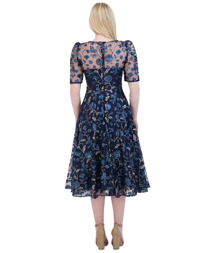 Eliza J Women's Floral Sequin Puff-Sleeve Fit & Flare Dress