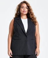 Bar Iii Trendy Plus Long Pinstriped Vest, Created for Macy's