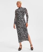 Bar Iii Women's Zebra-Print Mock Neck Midi Dress, Created for Macy's