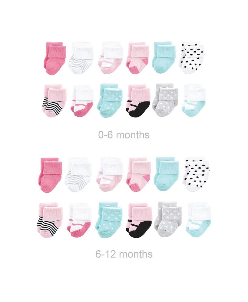 Luvable Friends Baby Girls Grow with Me Cotton Terry Socks, Mint Pink Mary Janes, 0-6 and 6-12 Months