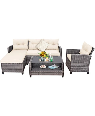 Gymax 4PCS Rattan Patio Conversation Furniture Set Outdoor Sectional Sofa Set White