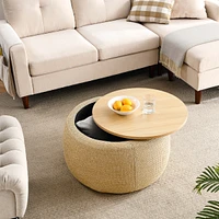 Streamdale Furniture Round Storage Ottoman, 2 In 1 Function, Work As End Table And Ottoman, Natural (25.5"X25.5"X14.5")