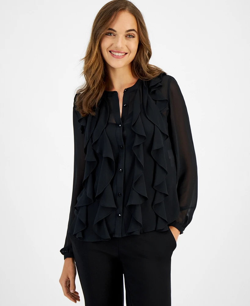 Anne Klein Women's Button-Front Cascade-Ruffle Blouse