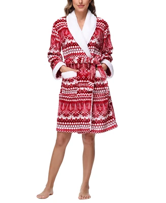 Holiday Lane Plush Printed Short Shawl-Collar Robe, Exclusively at Macy's