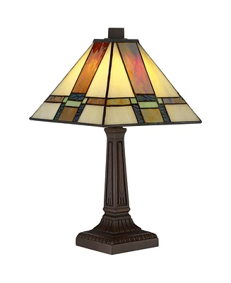 Robert Louis Tiffany Morris Mission Antique Tiffany Style Mini Accent Table Lamp Led 14 1/4" High Warm Brown Art Deco Stained Glass Shade Decor for Be