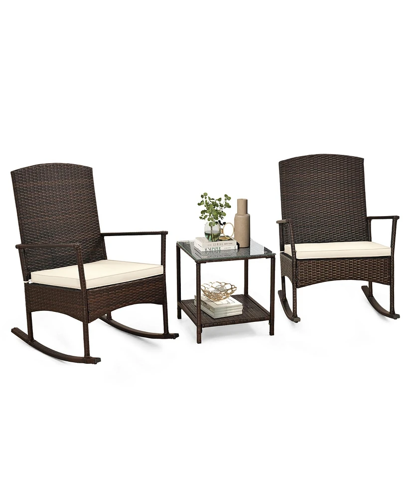 Gymax 3 Pieces Rocking Wicker Bistro Set Outdoor Front Porch Rocker Chairs Conversation Turquoise