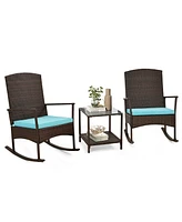 Gymax 3 Pieces Rocking Wicker Bistro Set Outdoor Front Porch Rocker Chairs Conversation Turquoise