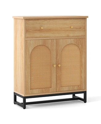 Slickblue Accent Floor Storage Cabinet with Rattan Doors and Drawer-Natural