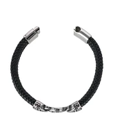 Trafalgar Silver Interlock Pattern on Black Leather Bracelet