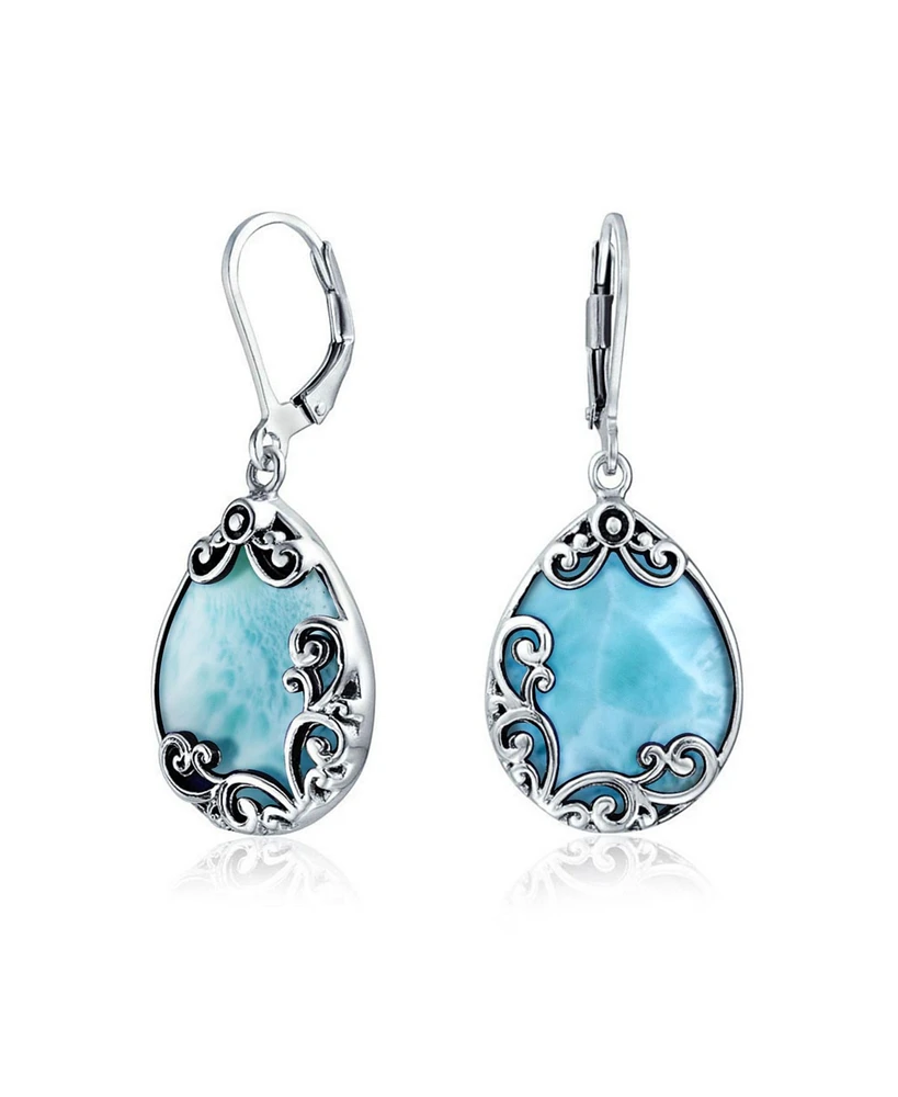 Bling Jewelry Western Style Teardrop Scroll Filigree Scroll Light Blue Natural Larimar Lever Back Dangle Earrings For Women Sterling Silver