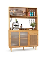 Costway Bamboo Buffet Cabinet Wine Bar Pantry Cupboard Sideboard with Rattan Sliding Door