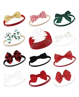 Hudson Baby Baby Girls Cotton and Synthetic Headbands Bundle Set, First Holidays Christmas Holly, 0-24 Months