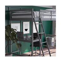 Emma+Oliver Ridley Twin Wood Loft Bed Frame With Protective Guardrails And Integrated Desk Ladder For Use Any 6-8" Thick Mattress