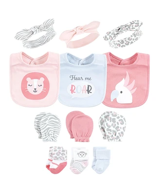 Hudson Baby Baby Girls Caps or Headbands, Bibs, Mittens and Socks 12pc Set, Safari, 0-6 Months