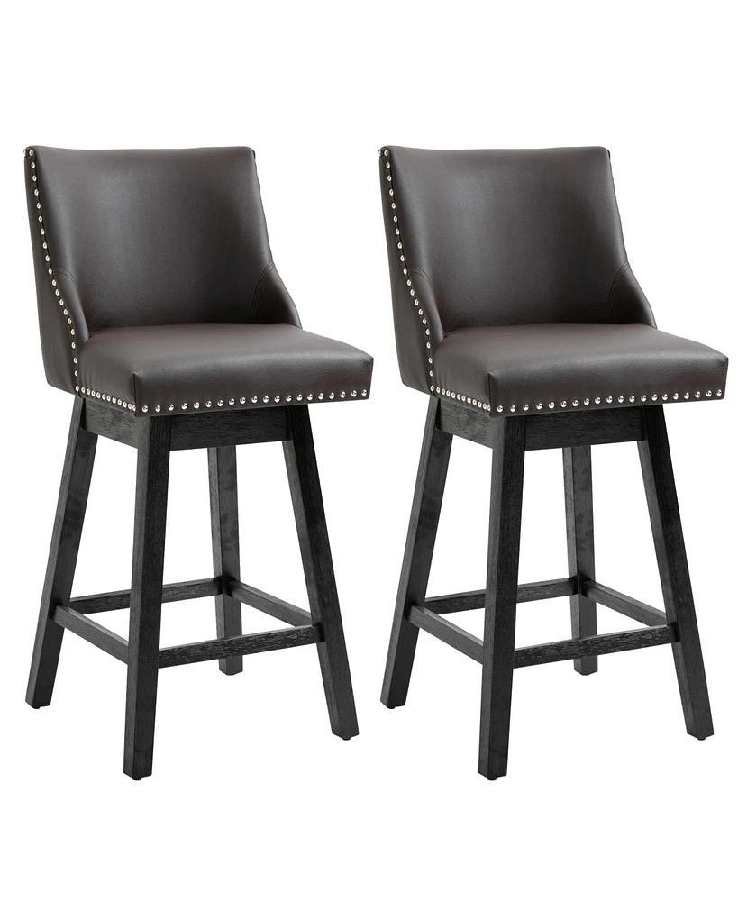 Homcom 28" Swivel Bar Height Bar Stools Set of 2, Armless Upholstered Barstools Chairs with Nailhead Trim and Wood Legs, Brown