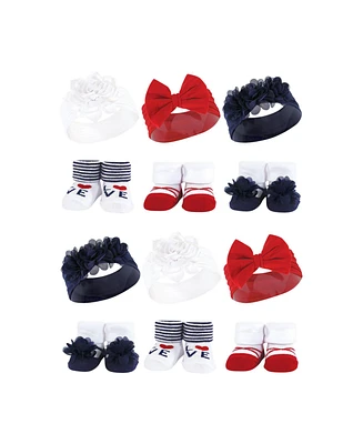 Hudson Baby Infant Girl 12Pc Headband and Socks Giftset, Navy Red, One Size