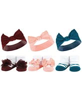 Hudson Baby Infant Girl 12Pc Headband and Socks Giftset, Burgundy Teal Blush Navy, One Size