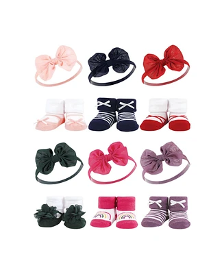 Hudson Baby Infant Girl 12Pc Headband and Socks Giftset, Red Navy Bows Green Purple, One Size