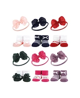 Hudson Baby Infant Girl 12Pc Headband and Socks Giftset, Red Navy Bows Green Purple, One Size