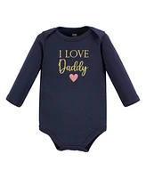 Hudson Baby Girls Cotton Long-Sleeve Bodysuits Daddy Pink Navy -Pack