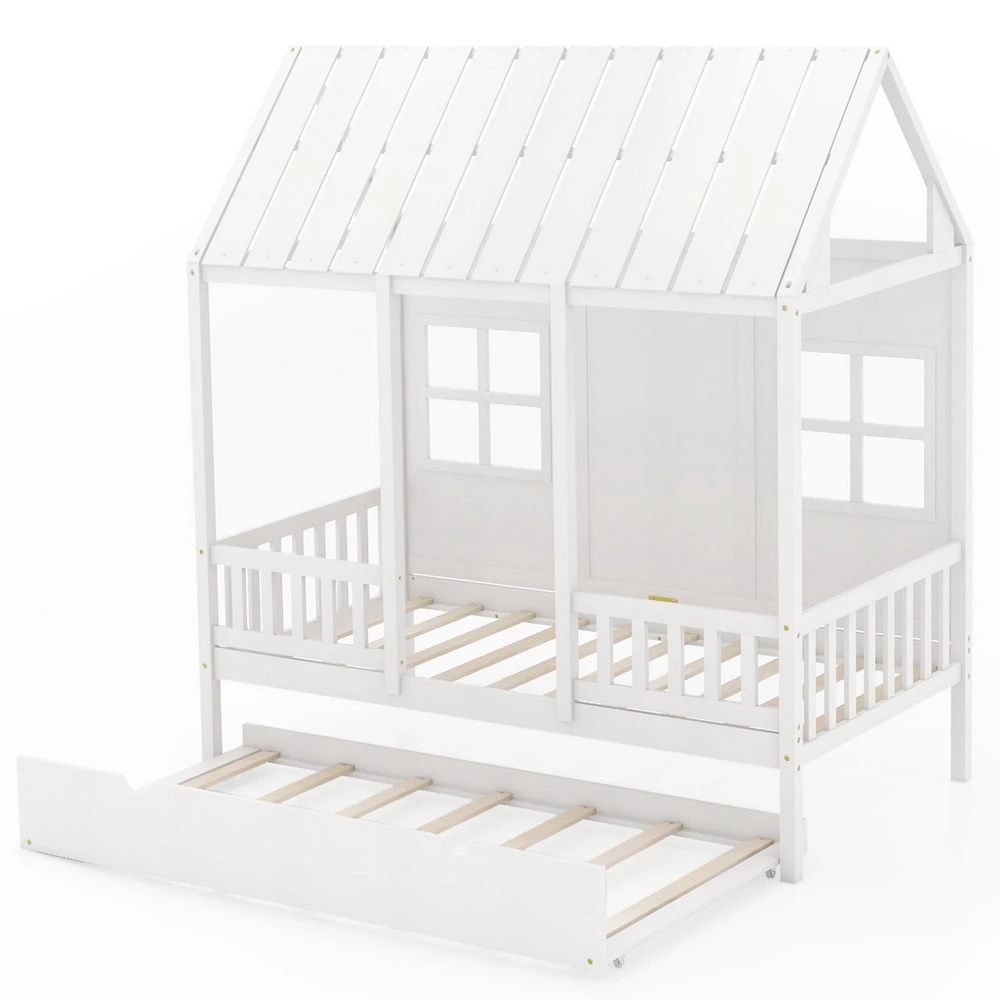 Slickblue Twin Size Bed Frame House Bed with Trundle and 82 Inch Tall Roof-White