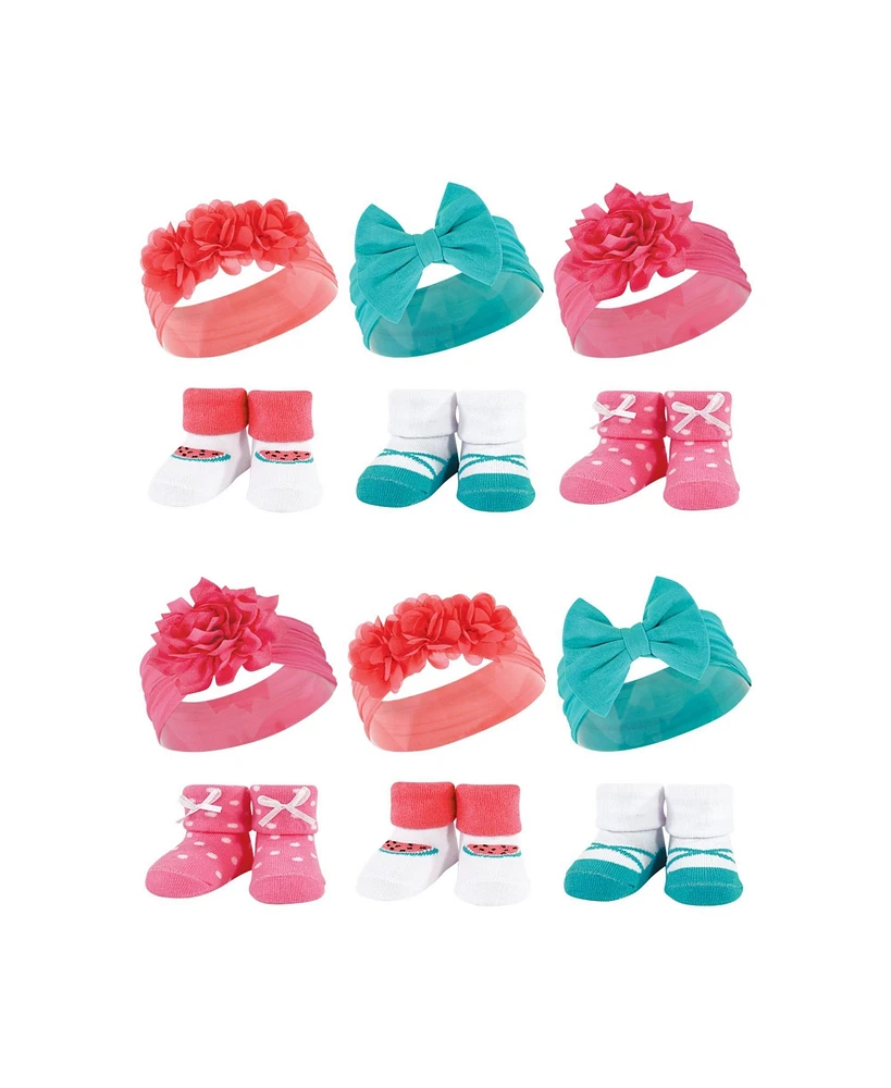 Hudson Baby Infant Girl 12Pc Headband and Socks Giftset, Teal Coral, One Size