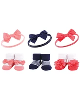 Hudson Baby Infant Girl 12Pc Headband and Socks Giftset, Watermelon Navy Coral, One Size