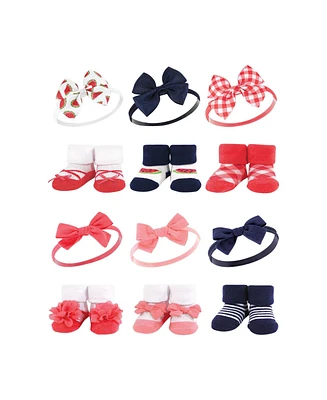 Hudson Baby Infant Girl 12Pc Headband and Socks Giftset, Watermelon Navy Coral, One Size