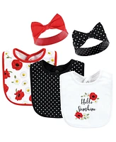 Hudson Baby Infant Girl Cotton Bib and Headband or Caps Set, Poppy Daisy, One Size