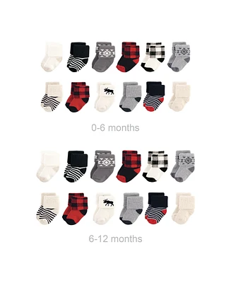 Hudson Baby Baby Boys Grow with Me Cotton Terry Socks, Buffalo Plaid Moose, 0-6 and 6-12 Months