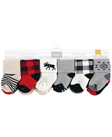 Hudson Baby Baby Boys Grow with Me Cotton Terry Socks, Buffalo Plaid Moose, 0-6 and 6-12 Months