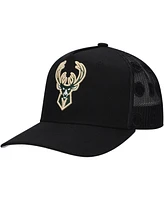 Mitchell & Ness Men's Black Milwaukee Bucks Monogram All-Over Logo Mesh Trucker Adjustable Hat