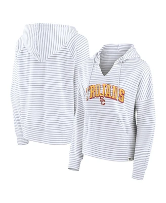 Fanatics Women's White/Gray Usc Trojans Arch Logo Striped Notch Neck Pullover Hoodie