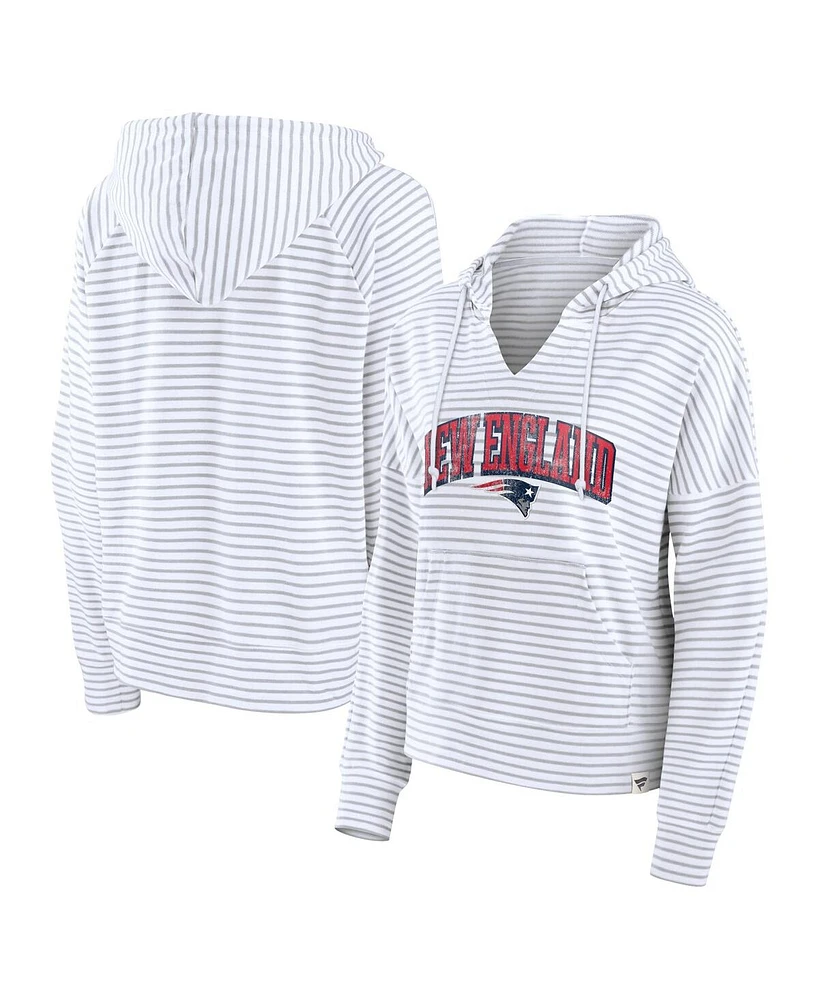 Fanatics Women's White/Gray New England Patriots Striped Notch Neck Pullover Hoodie