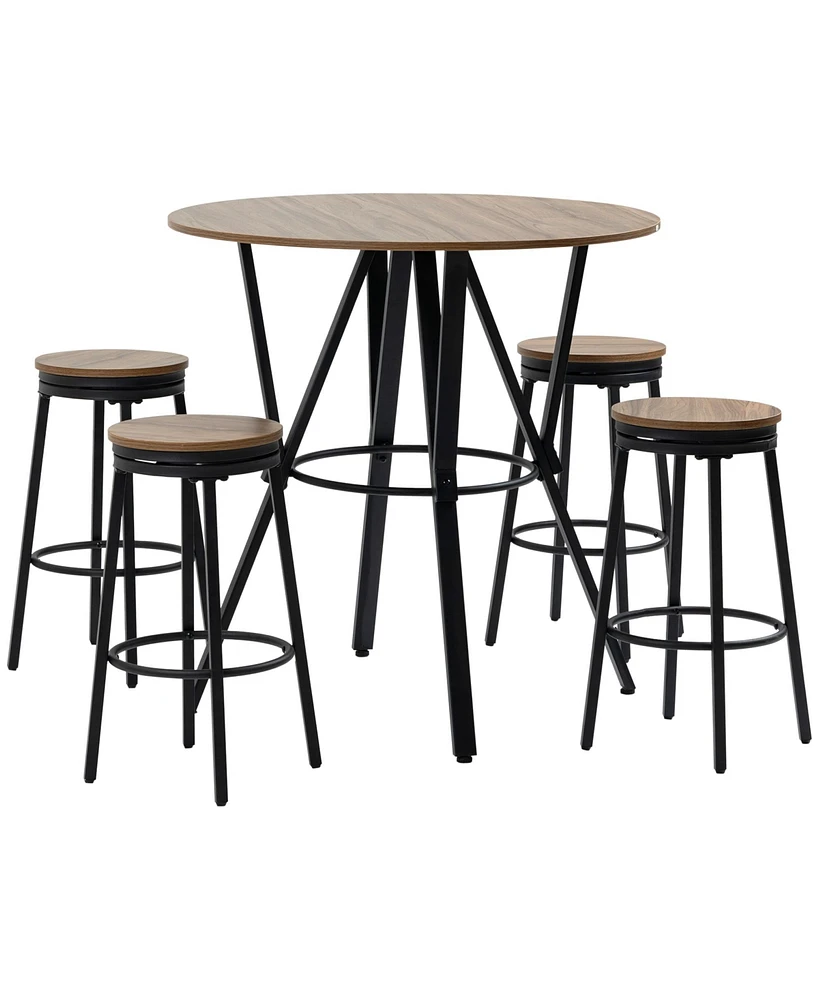 Homcom Bar Table and Chairs, Swivel Seat Dining Table & 4 Stools, Set of 5